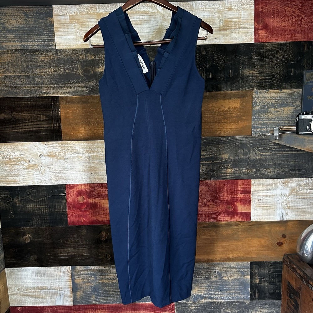 Valentino Blue Fitted Dress Ruffle Midi Deep Neck